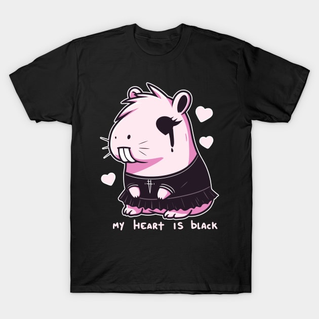 Pink Goth Capybara Cries My Heart Is Black Funny Guinea Pig T-Shirt by SubtleSplit